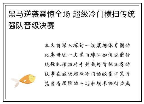 黑马逆袭震惊全场 超级冷门横扫传统强队晋级决赛